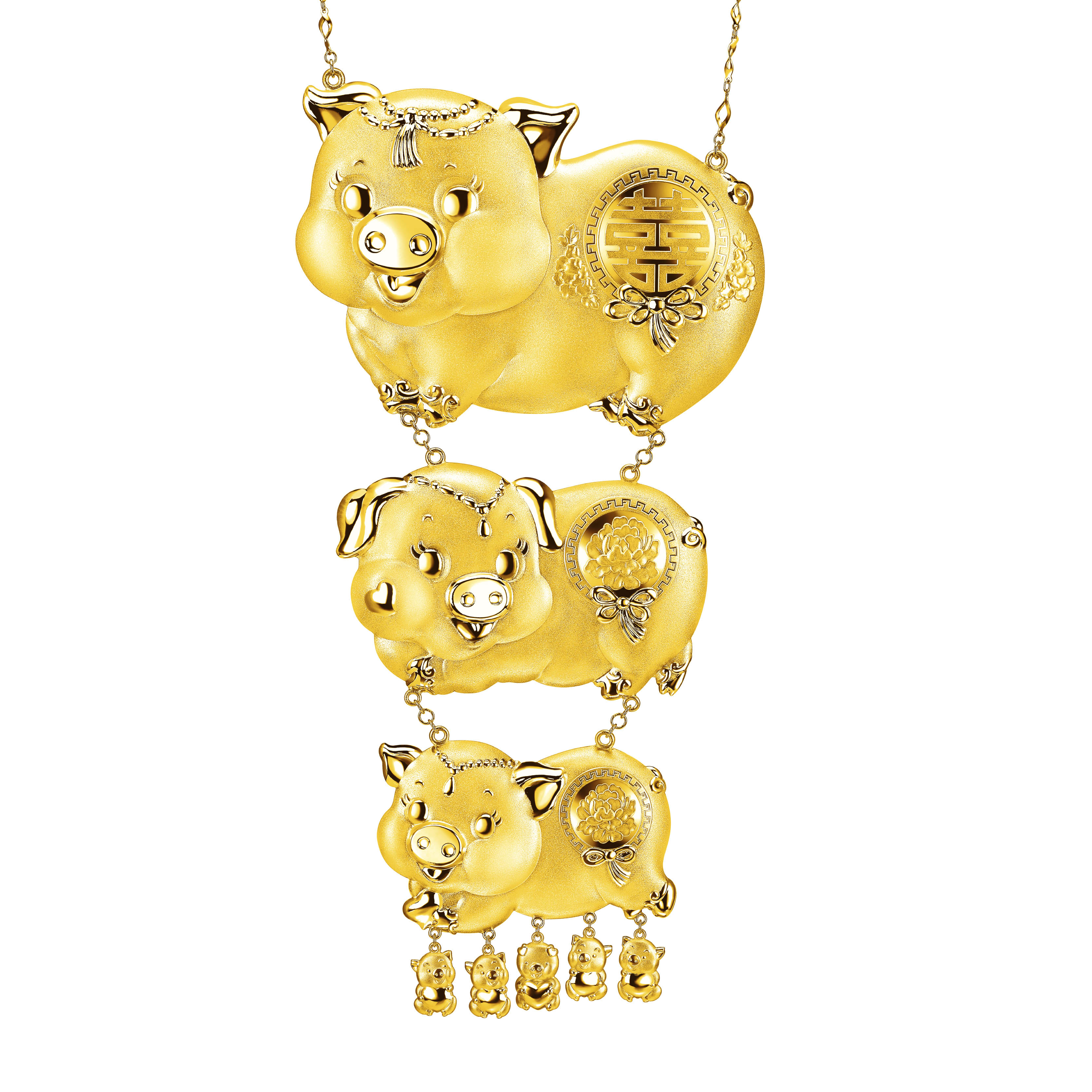 Beloved Collection "Gold Pigs with Blessings" Gold Necklace