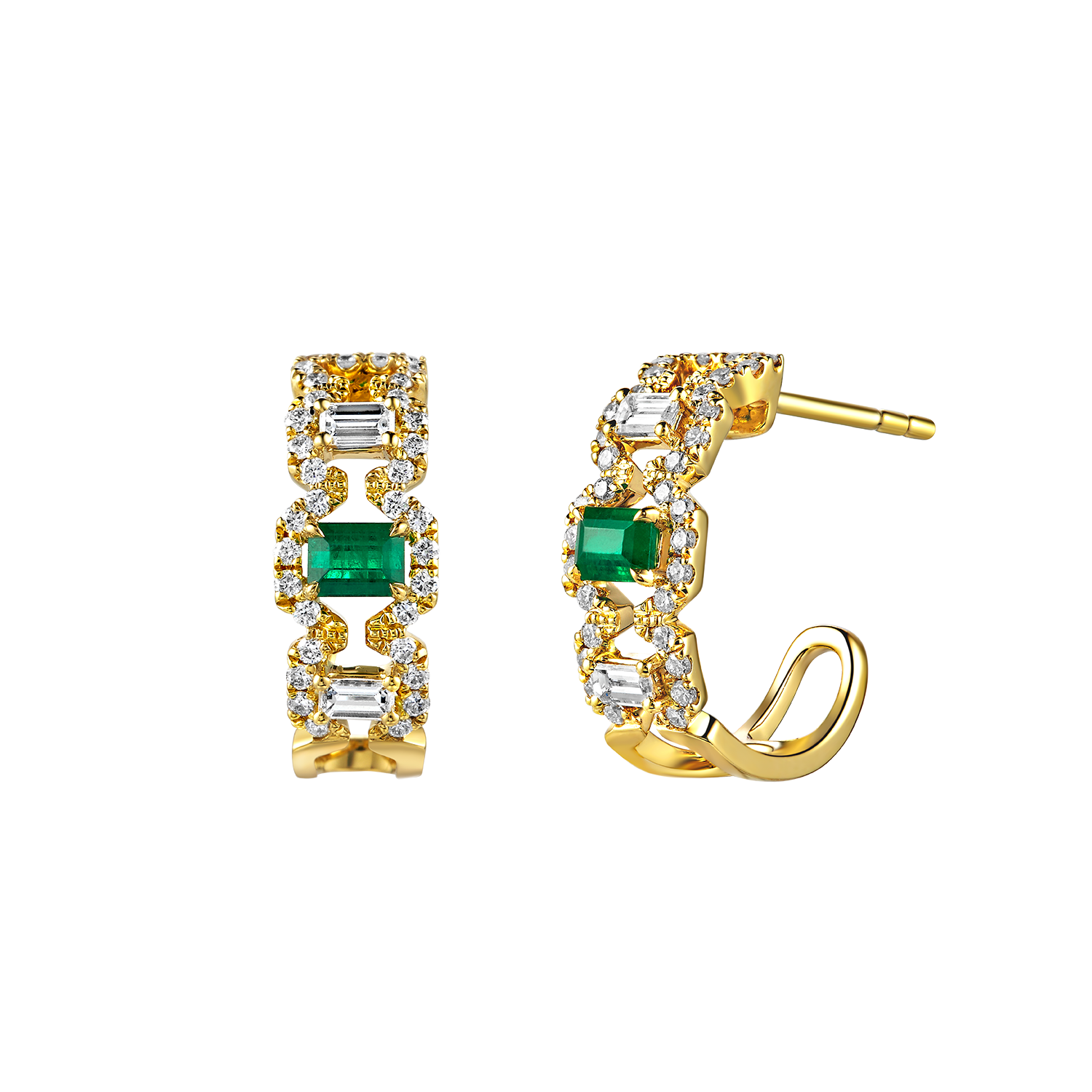 “Glittering Treasure”18K Gold Emerald and Diamond Earrings
