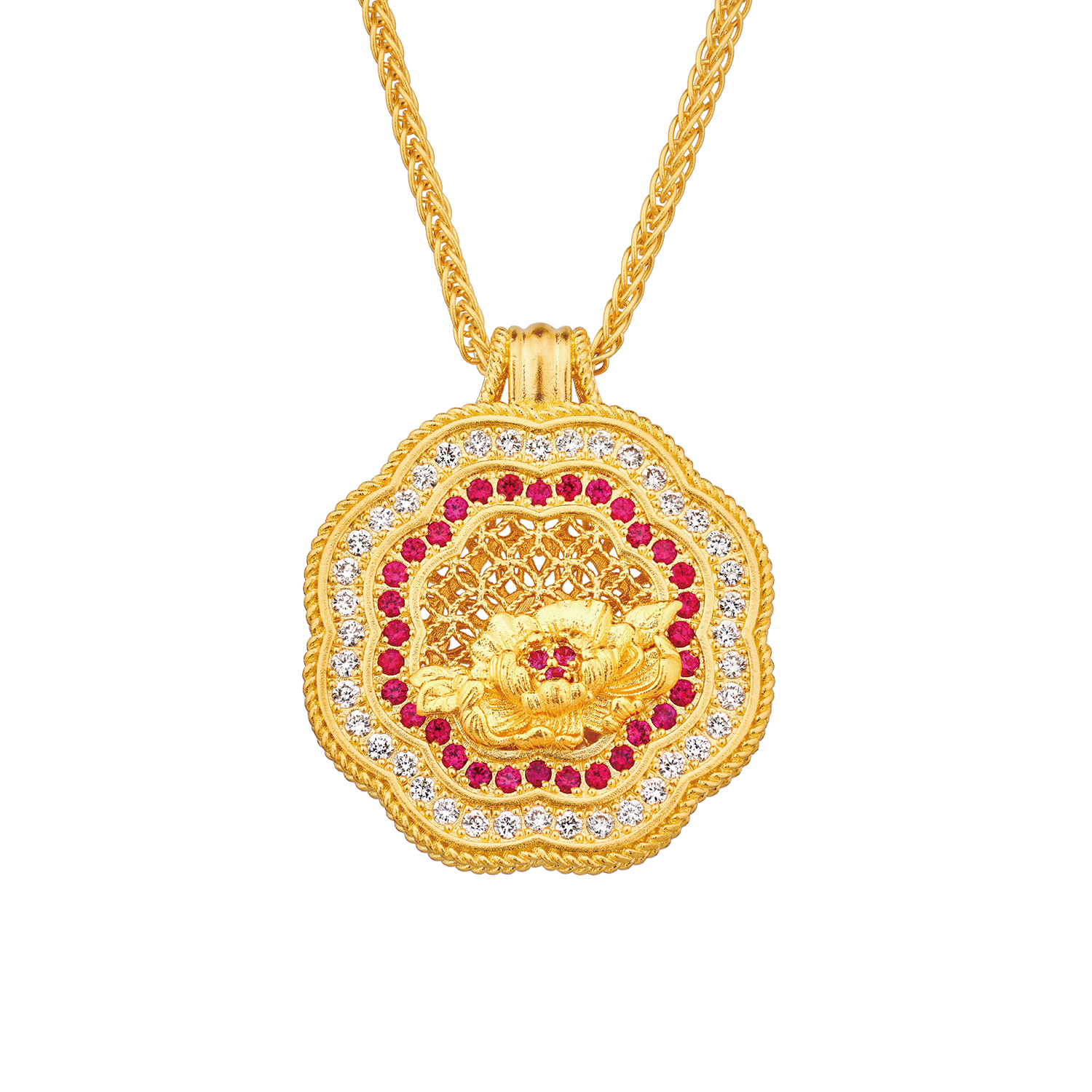 Heirloom Fortune Collection Tang Dynasty Style "Prosperous Peony" Gold Ruby and Diamond Necklace 