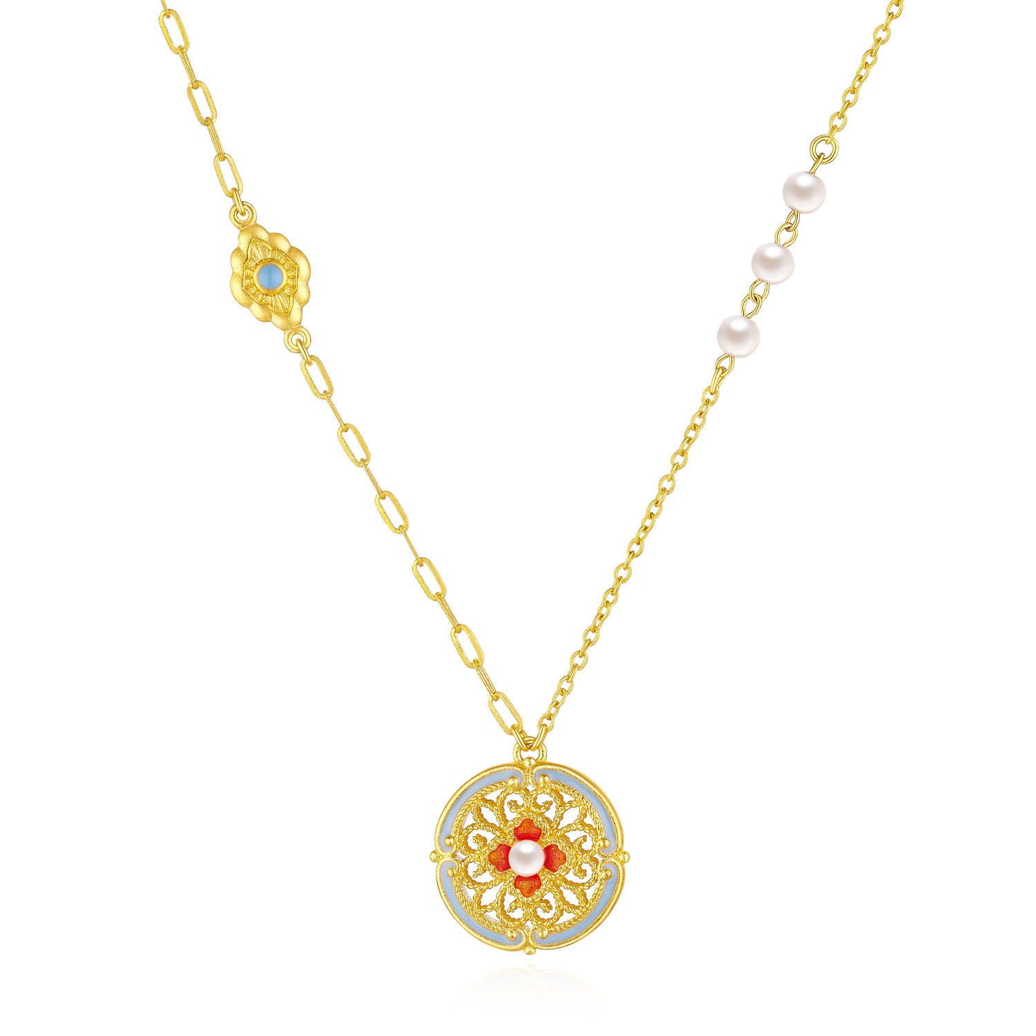 Heirloom Fortune - Charm of Song Dynasty Collection "Flower & Moon " Gold Pearl Necklace