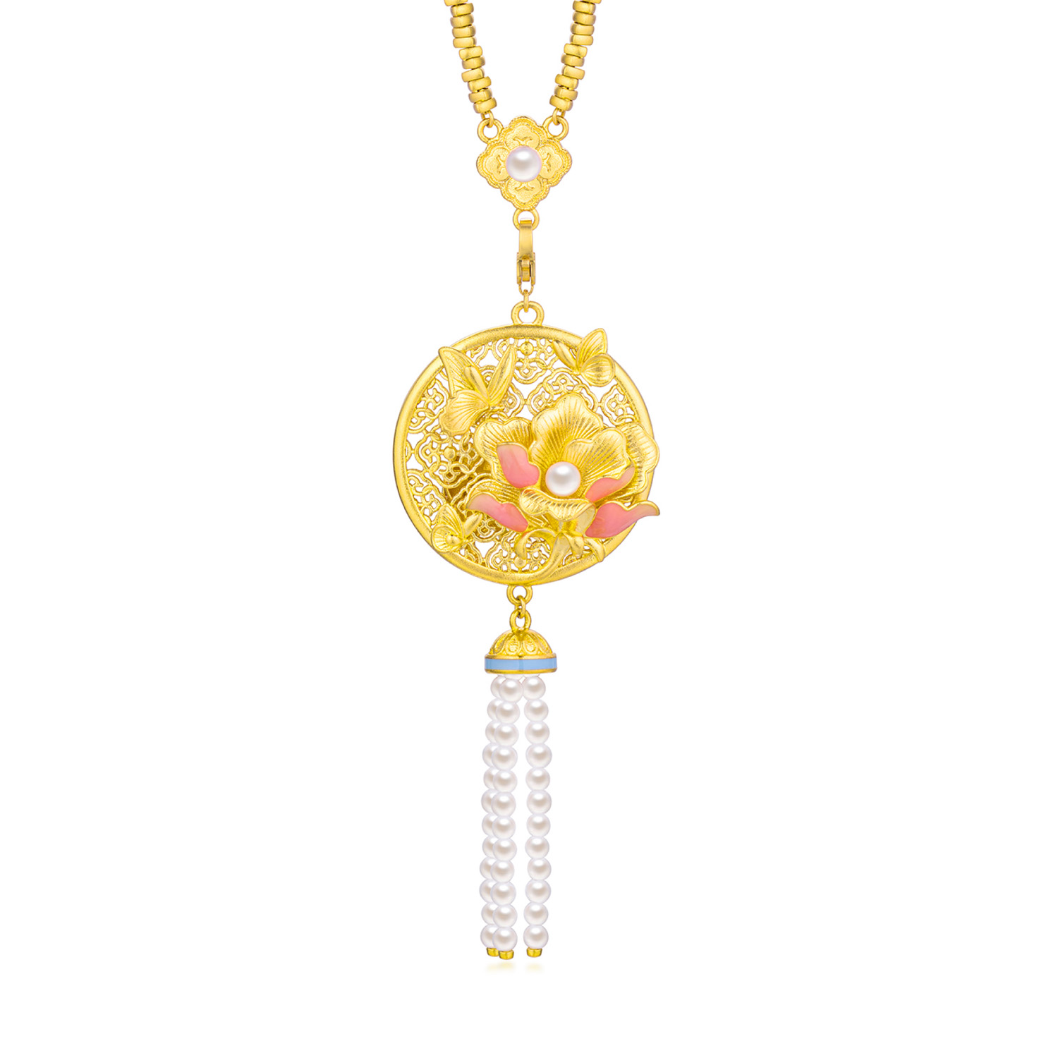 Heirloom Fortune - Charm of Song Dynasty Collection "Butterfly & Cotton Rose" Gold Pearl Pendant and Necklace
