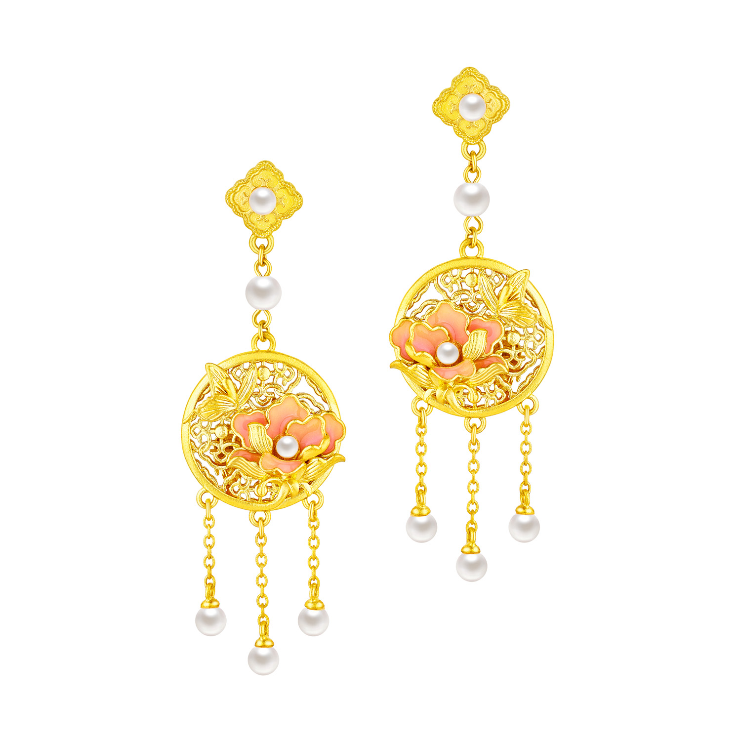 Heirloom Fortune - Charm of Song Dynasty Collection "Butterfly & Cotton Rose" Gold Pearl Earrings